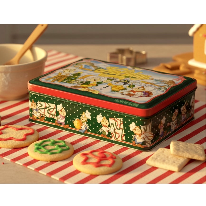 1997 Keebler Holiday Cookies Tin – Christmas Elf & Snowman Design