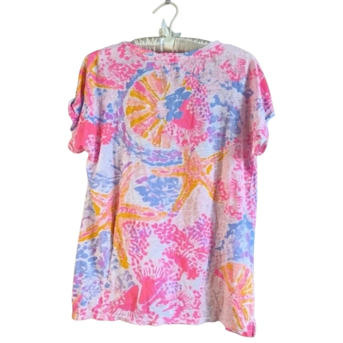 Lilly Pulitzer Inara Linen Top | Paradise Pink Bohemian Beach Starfish | Women's Size M