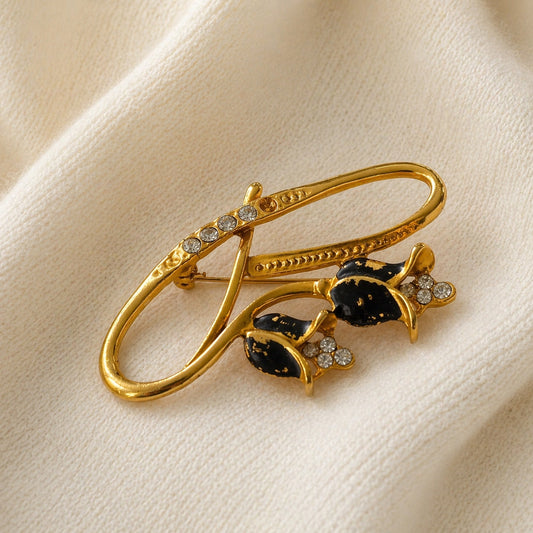 Vintage Gold Tone Rhinestone Floral Brooch