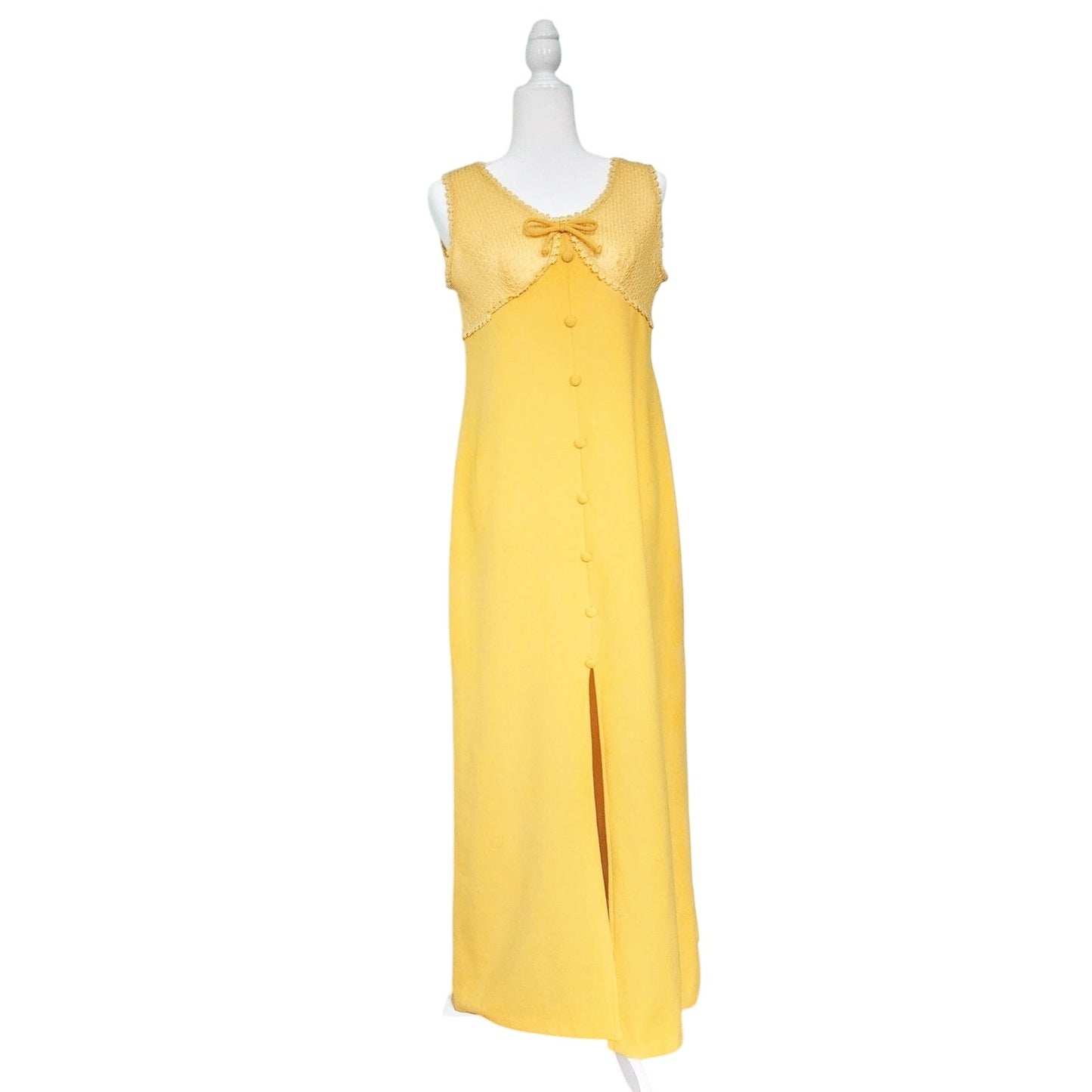 Vintage 1960s Marigold Yellow Maxi Dress | Empire Waist Lace Bodice with Daisy Trim & Bow | Boho Hippie Festival Gown | Women's Size M