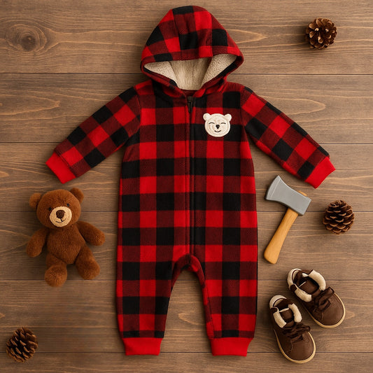 Red Buffalo Plaid Fleece Hooded Jumpsuit | Size 24M | Sherpa Lined Teddy Bear Patch