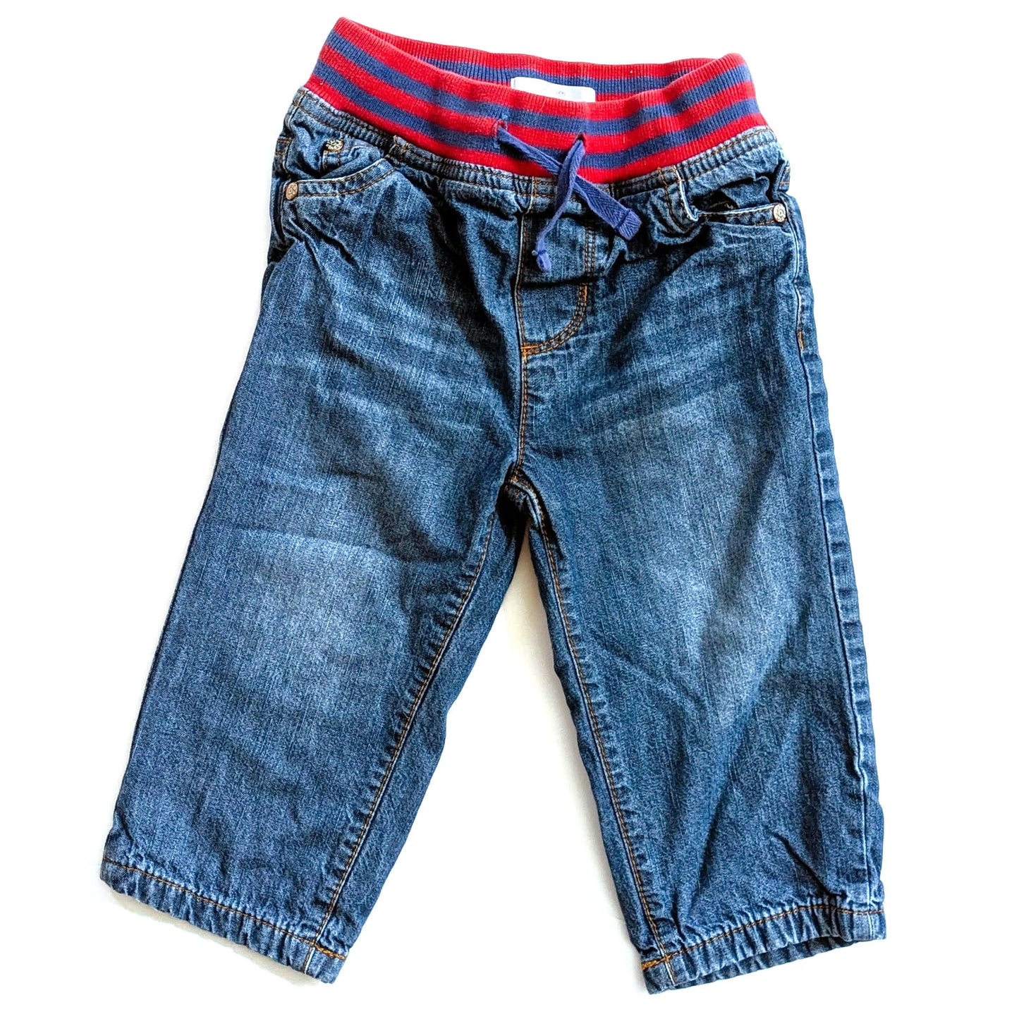 Vintage Y2K Baby Boden Denim Jeans | Toddler Pants | Red & Blue Striped Waistband | Jersey Lined Cozy Cotton | 18-24 Months