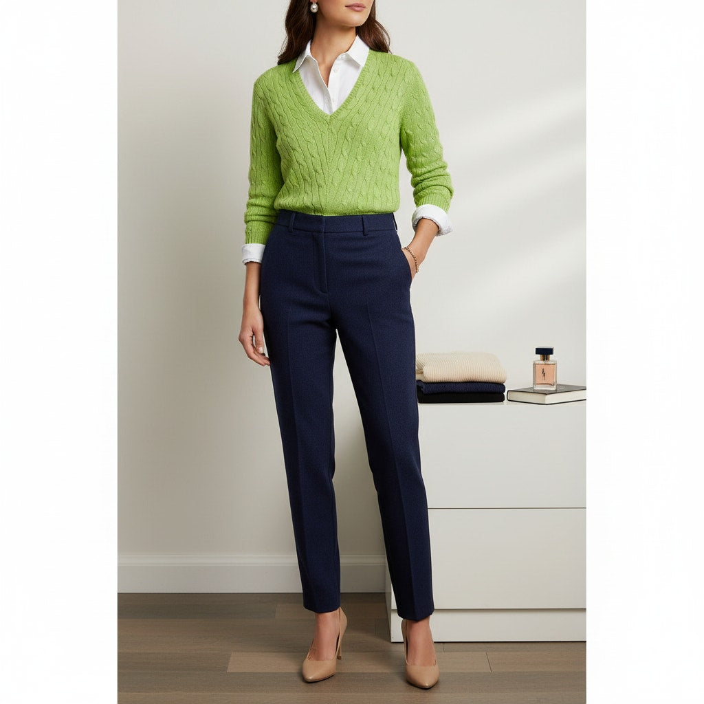 100% Silk Cable Knit V-Neck Sweater | Women's L | Slim Fit