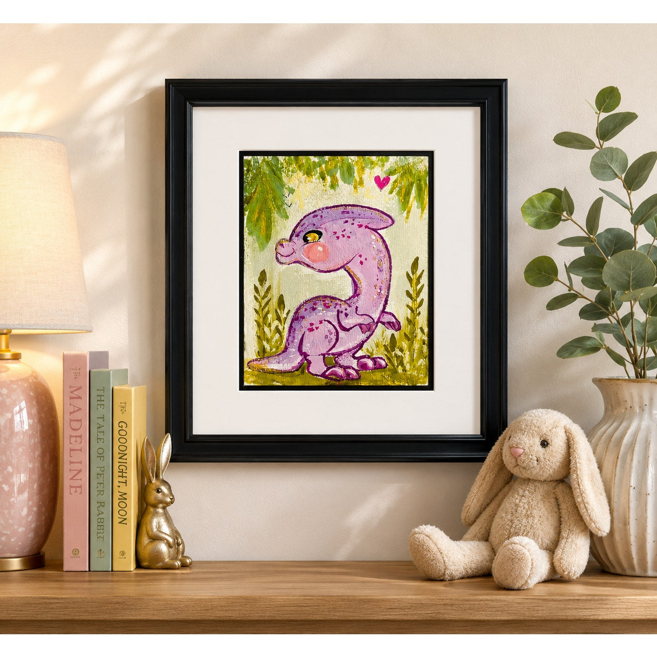 Original Framed Purple Kawaii Dinosaur Painting