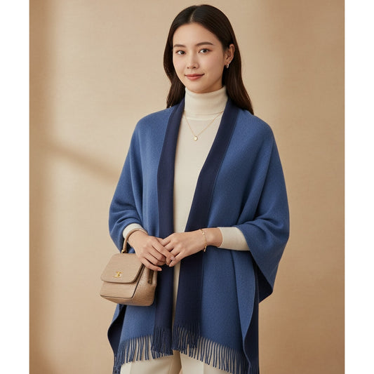 Wool & Rayon Blend Shawl Wrap | Two-Tone Navy & Periwinkle | Reversible Fringe Trim | One Size