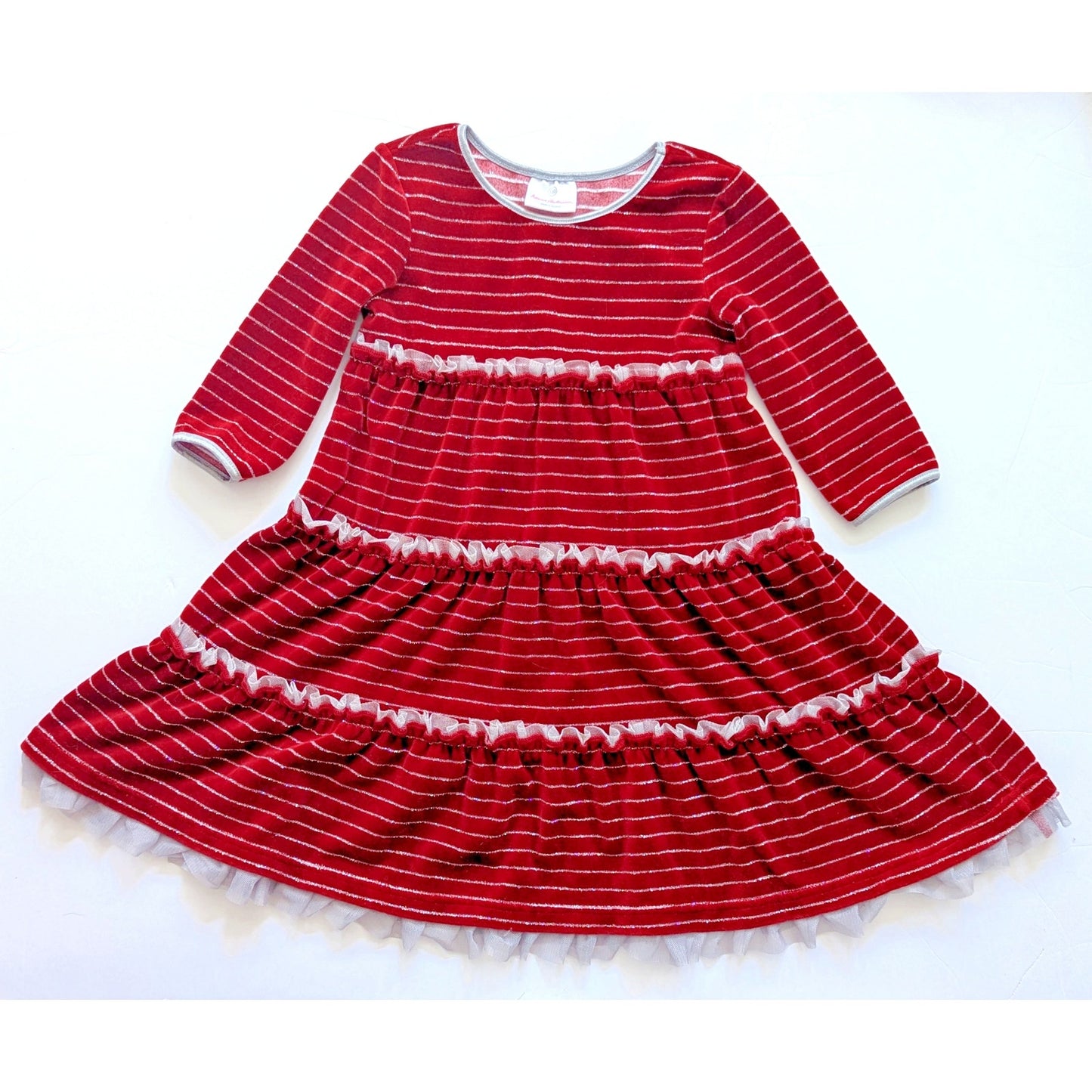 🎄 Hanna Andersson Girls' Striped Lurex Velour Holiday Dress – Cranberry & Silver – Size 110 cm (5)