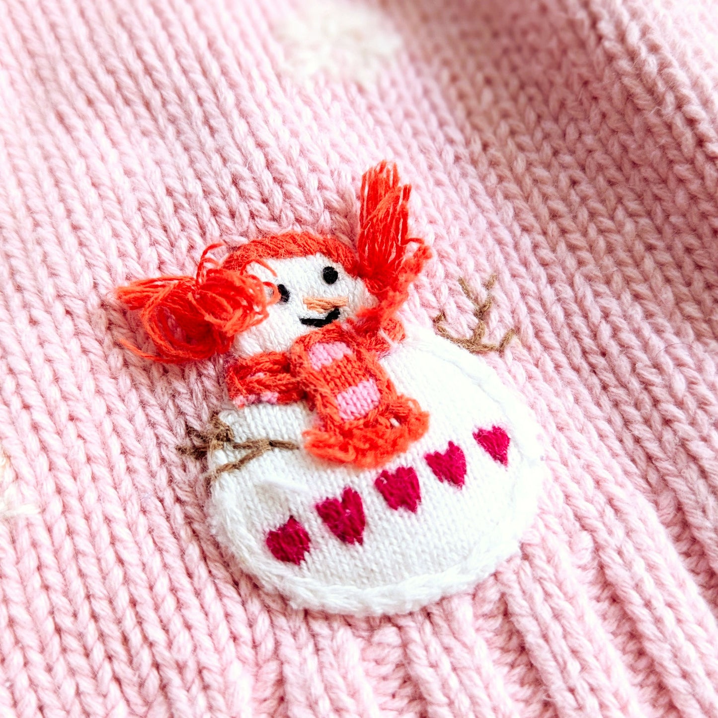 Talbots Kids Vintage 1990s Baby Girl Winter Cardigan | Pink Cotton Knit Sweater with Snowman Appliques | Puff Sleeves 12M | Eczema-Friendly