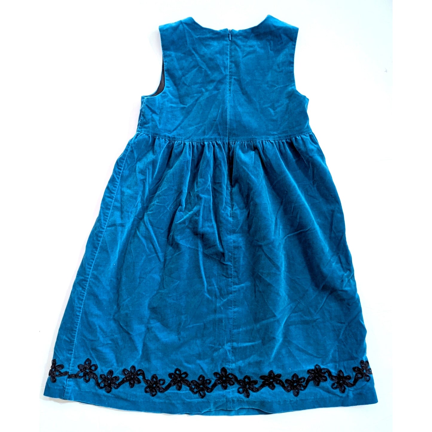 Hanna Andersson Girls Blue Velvet Jumper Dress | Size 130 (6-7) Black Ribbon Floral Detail