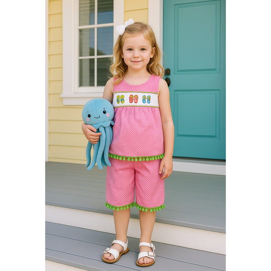 Beaux et Belles Girls 2-Piece Outfit Set | Size 6 | Boutique Smocked Top & Pedal Pushers | Pink Polka Dot with Flip Flop Embroidery