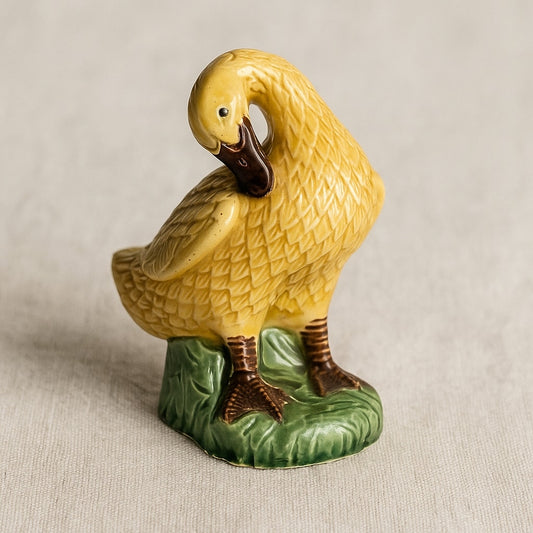 Antique Chinese Porcelain Miniature Yellow Glazed Preening Duck Figurine 1920s