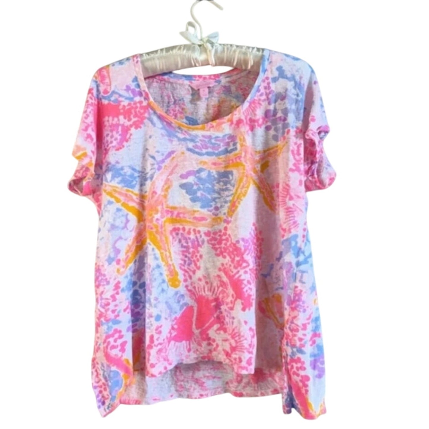 Lilly Pulitzer Inara Linen Top | Paradise Pink Bohemian Beach Starfish | Women's Size M