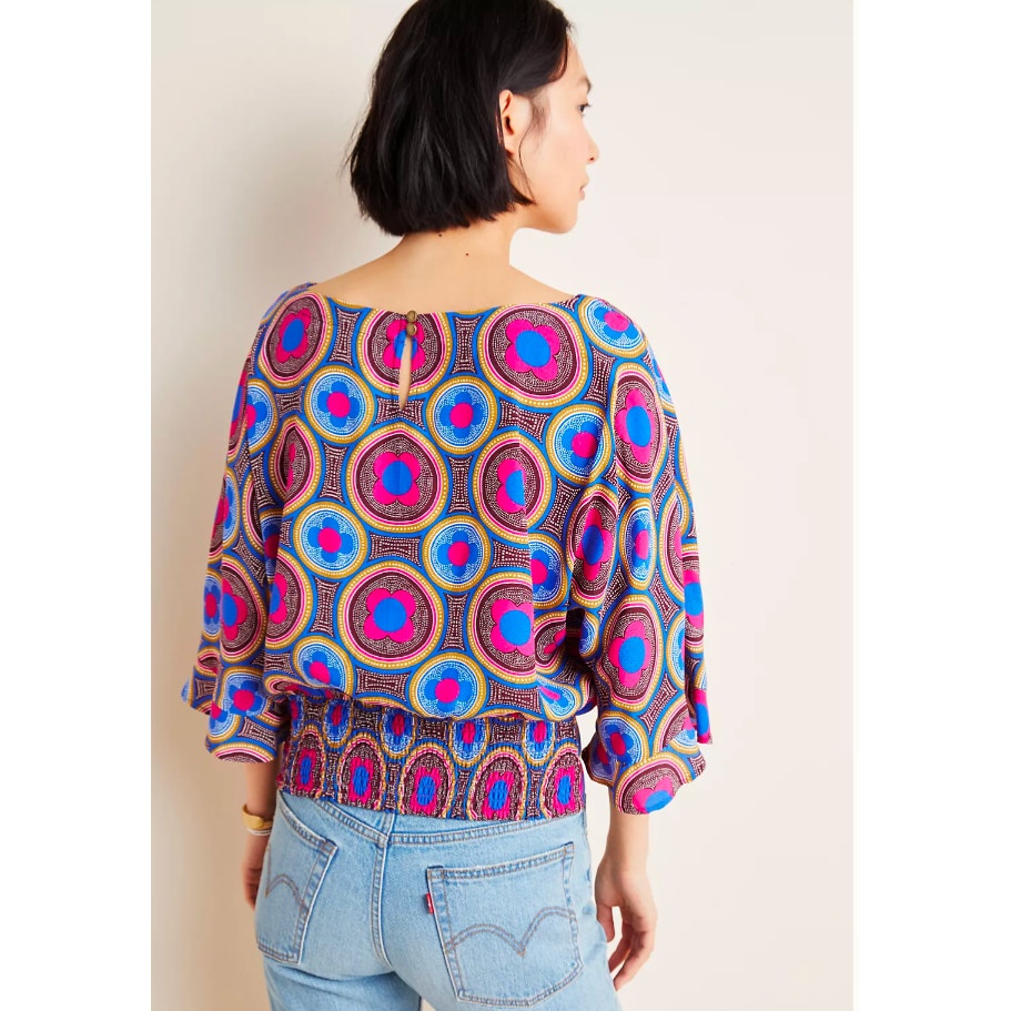 Anthropologie Maeve Miro Dolman Blouse – Retro Mod Silky Top Pink Blue | Women's Size XS