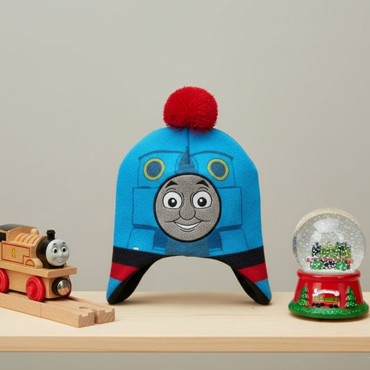 Thomas & Friends Toddler Beanie Hat | Blue Red Pom Pom Fleece Lined | Winter Snow Gear