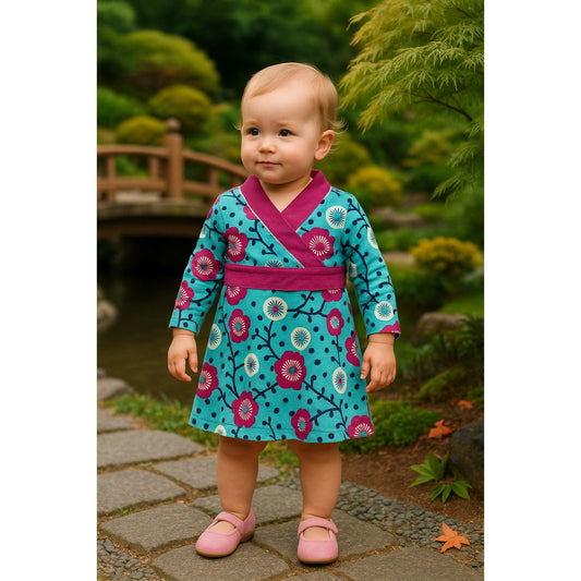Tea Collection Taiyo Long Sleeved Infant Turquoise Wrap Dress | Baby Size S 6-12M