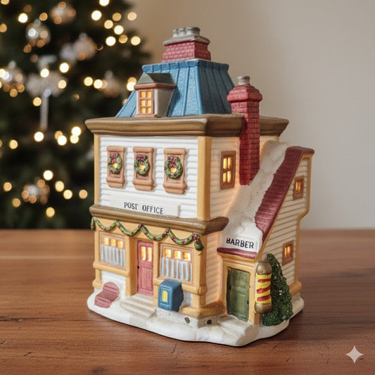 1992 Lemax Post Office & Barber Shop — Lighted Christmas Village Building
