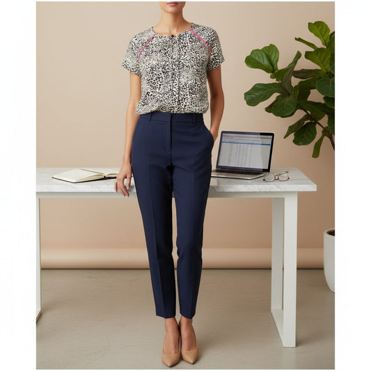 Navy Cheetah Print Keyhole Silky Blouse | Women's M