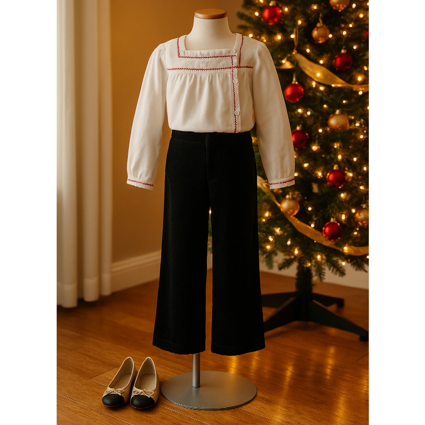 Jacadi White Flannel Long Sleeve Blouse Button Up Red Vine Trim | Girls Size 8 Y