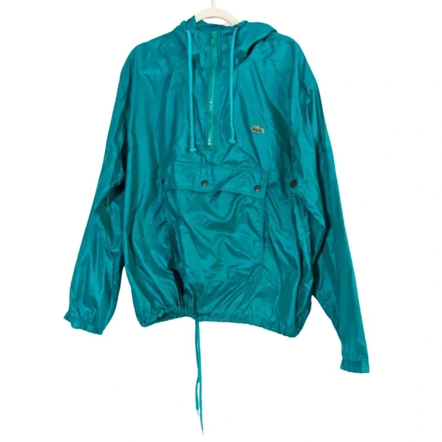 Vintage 80s Lacoste Teal Windbreaker Jacket | Size Large | Retro Nylon Pullover Hoodie