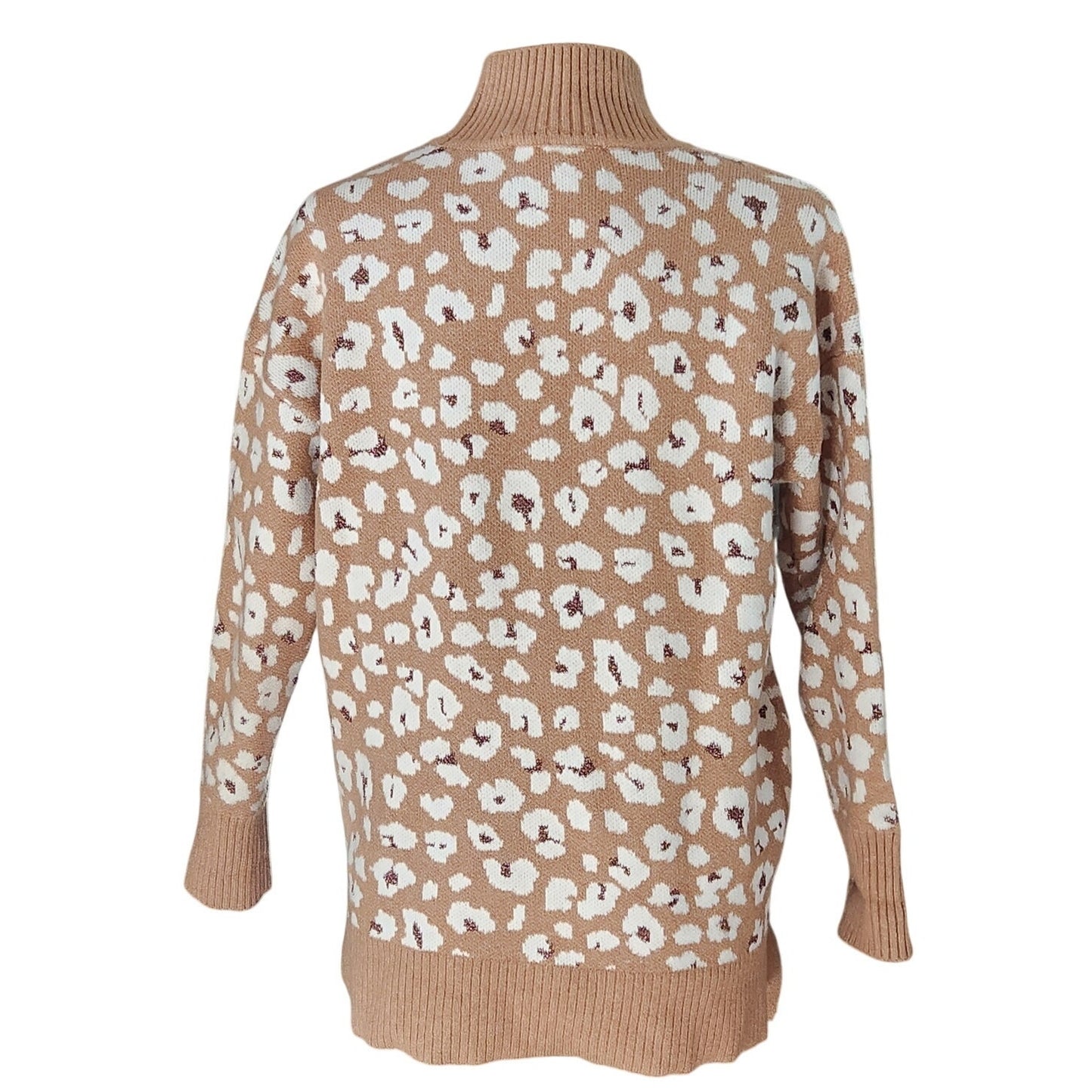 Leopard Print Mock Neck Sweater | Tan & White Metallic Accent | Women's M