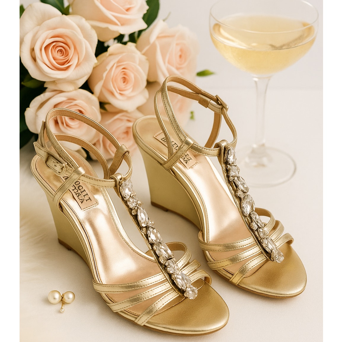 Badgley Mischka Kole T-Strap Jewel Embellished Wedge Sandals Gold Metallic | Women's Size 8.5