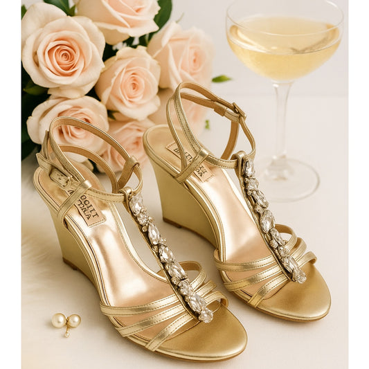 Badgley Mischka Kole T-Strap Jewel Embellished Wedge Sandals Gold Metallic | Women's Size 8.5