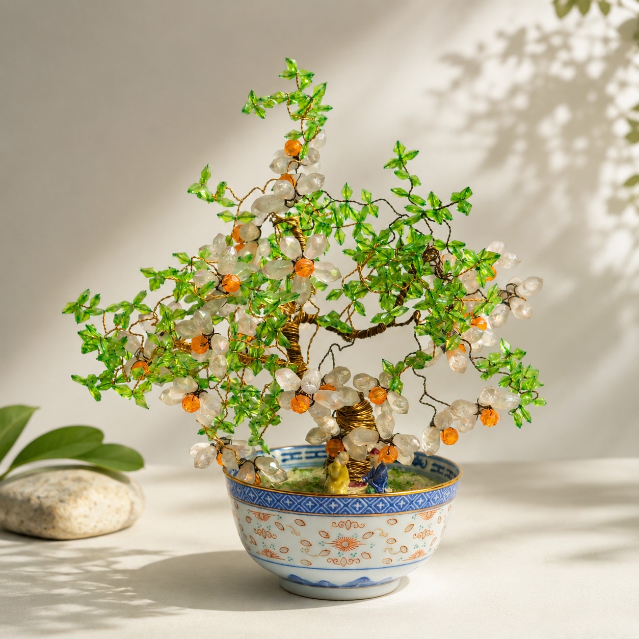 Vintage Chinese Gemstone Bonsai Tree in Porcelain Bowl