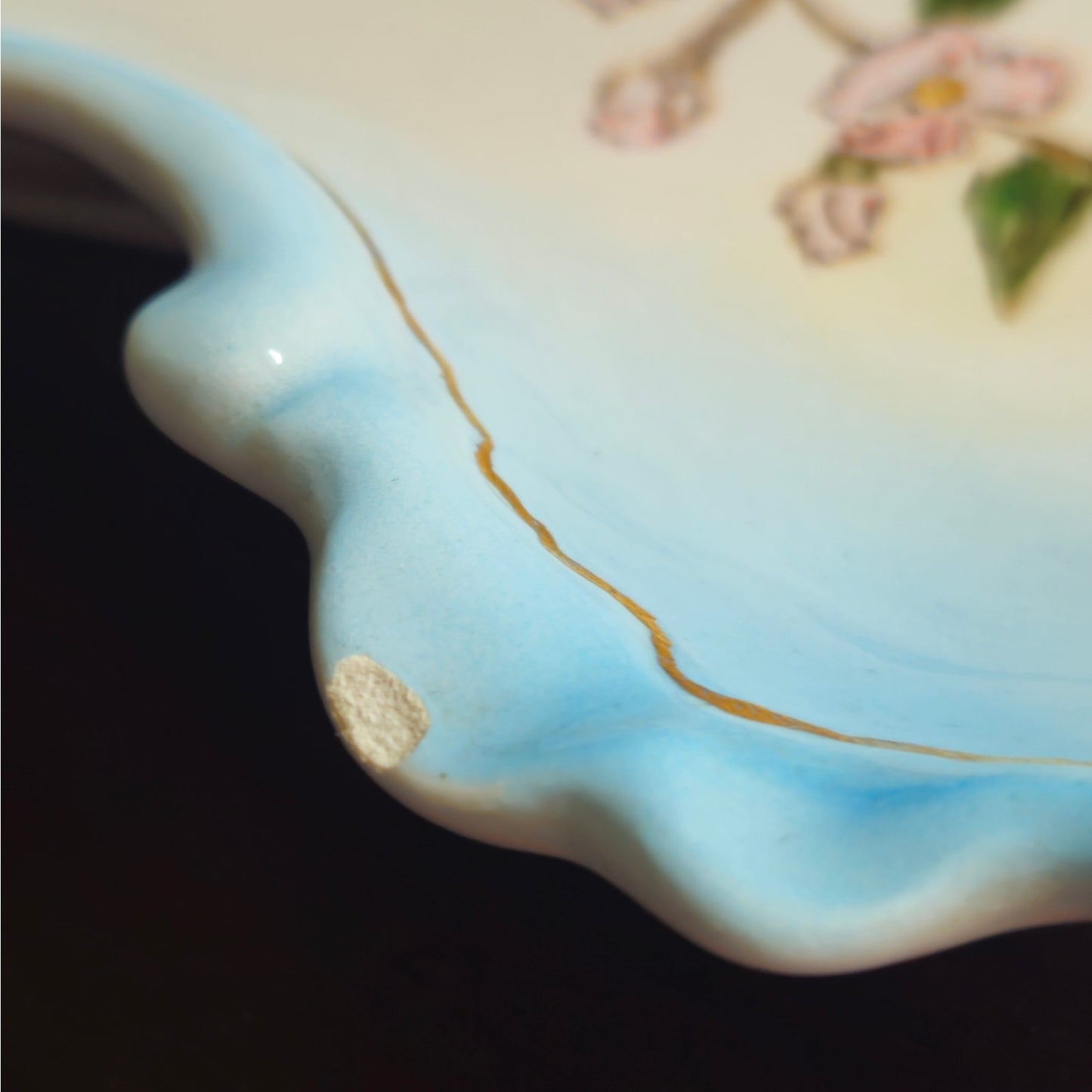 Vintage Hand-Painted Blue Cherry Blossom Trinket Dish | Signed “Lehe 1960”