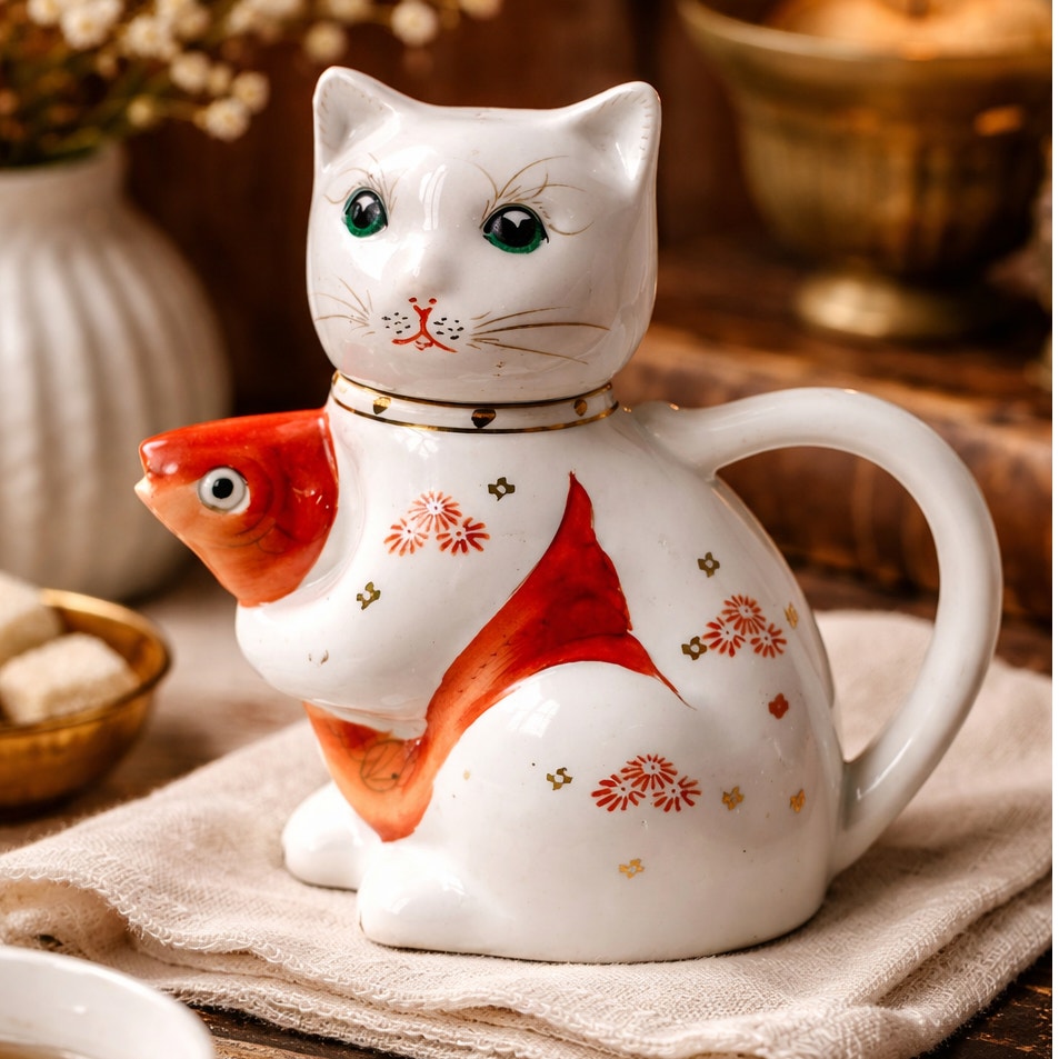 Vintage Cat & Koi Porcelain Teapot