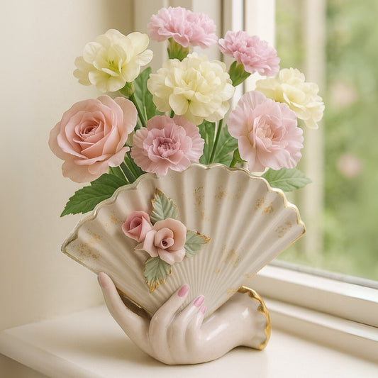 Lefton China Vintage 50s Ceramic Vase Planter Hand Holding Fan with Pink Roses | Home