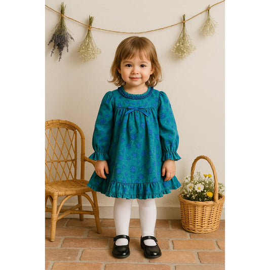 Allison Ann Vintage 1980s Girls Dress – Teal & Periwinkle Floral Cottagecore Toddler Dress - Long Sleeve Cotton Ruffle Hem | Size 3T