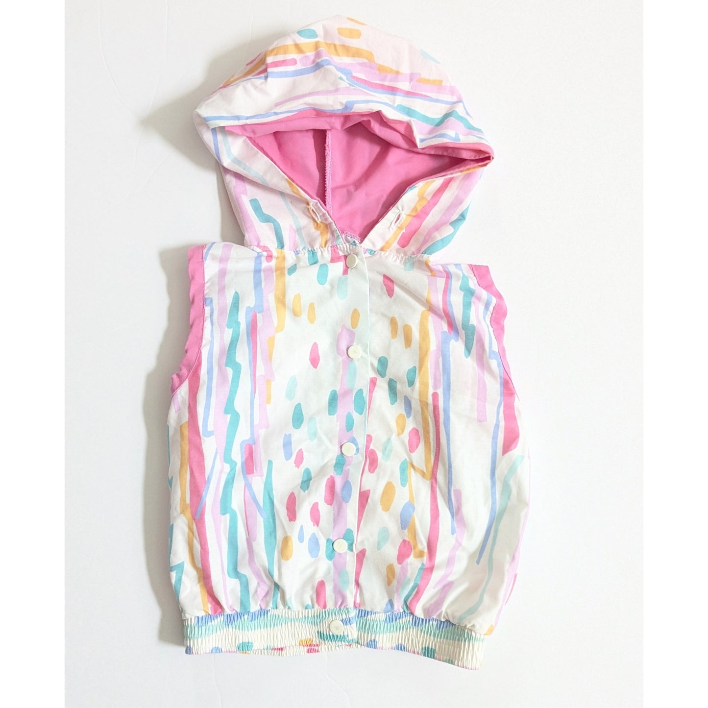 Vintage 1980s Girls Sleeveless Hooded Vest | Size 5T 5/6 | Pastel Confetti Print | Snap Button Front | Retro Summer Outerwear