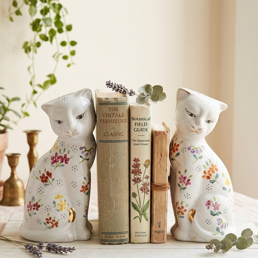 1970s Pair of White Floral Cat Figurines