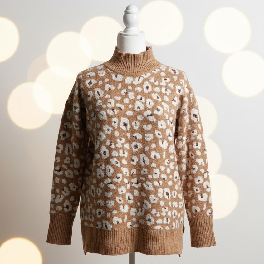Leopard Print Mock Neck Sweater | Tan & White Metallic Accent | Women's M