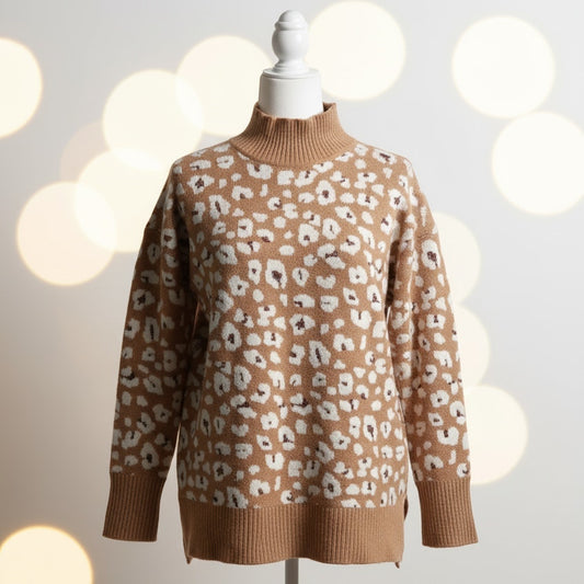 Leopard Print Mock Neck Sweater | Tan & White Metallic Accent | Women's M