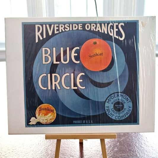 Vintage Style Riverside Oranges Blue Circle Print – 14x11 California Citrus Crate Label Art – Mid Century Kitchen Wall Decor
