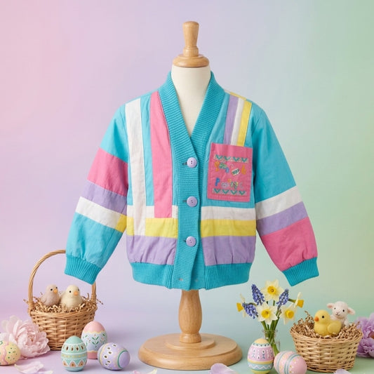Vintage 1980s French Toast Easter Egg Jacket | Colorblock Turquoise Pink Yellow | Embroidered | Kids Size 6