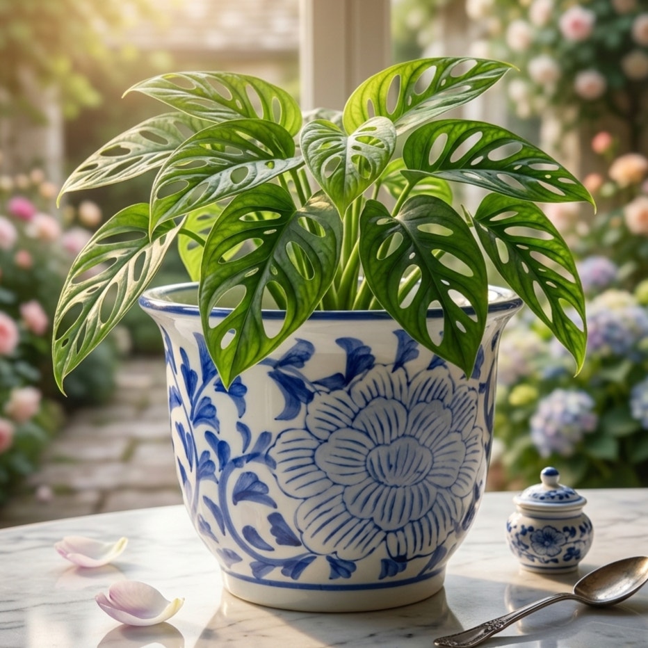 1980s Blue & White Ceramic Planter Pot