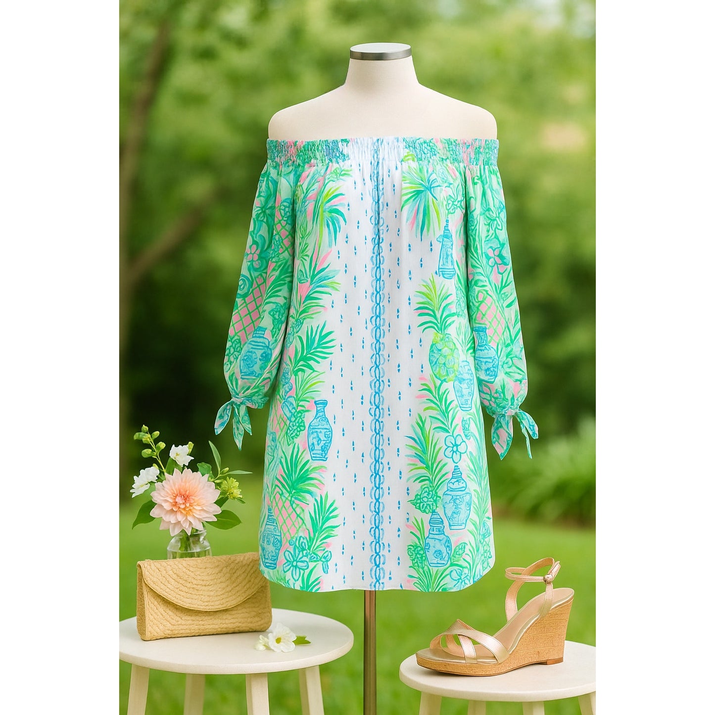 Lilly Pulitzer Women's Maryellen Off Shoulder Dress Coconut Row Pineapple Print Resort White Size M