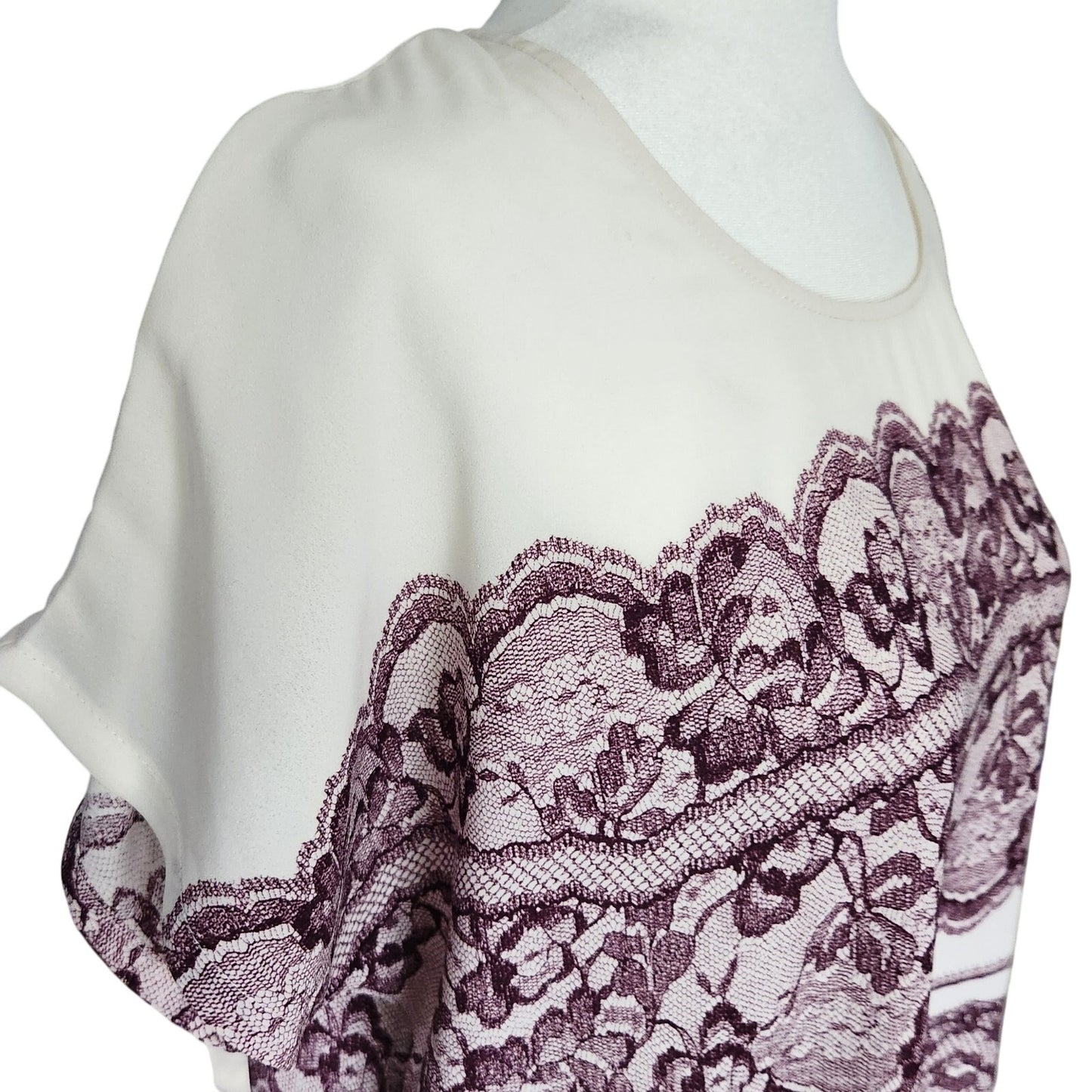 Under Skies Women’s Short Sleeve Purple Lace Print Blouse | Lightweight Pleated Top | Women's Size M