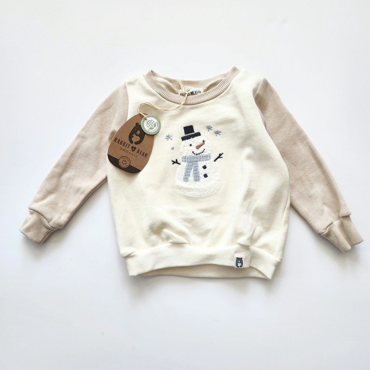 Rabbit + Bear Organic Cotton Infant Snowman Sweatshirt 12M – Cream & Beige with Textured Embroidery NWT