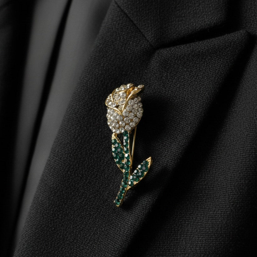 Vintage Jonette JJ Rose Brooch | 1980s Gold Tone Rhinestone Flower Pin | Emerald Green & Clear Crystal