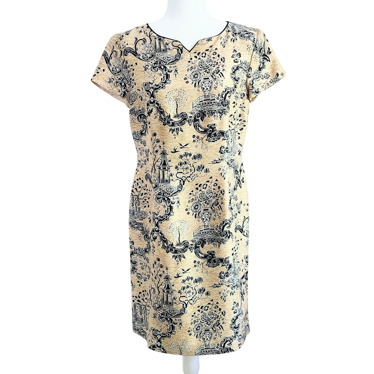 Talbots 100% Silk Sheath Dress – Asian Motif Beige & Black Women's Size 10