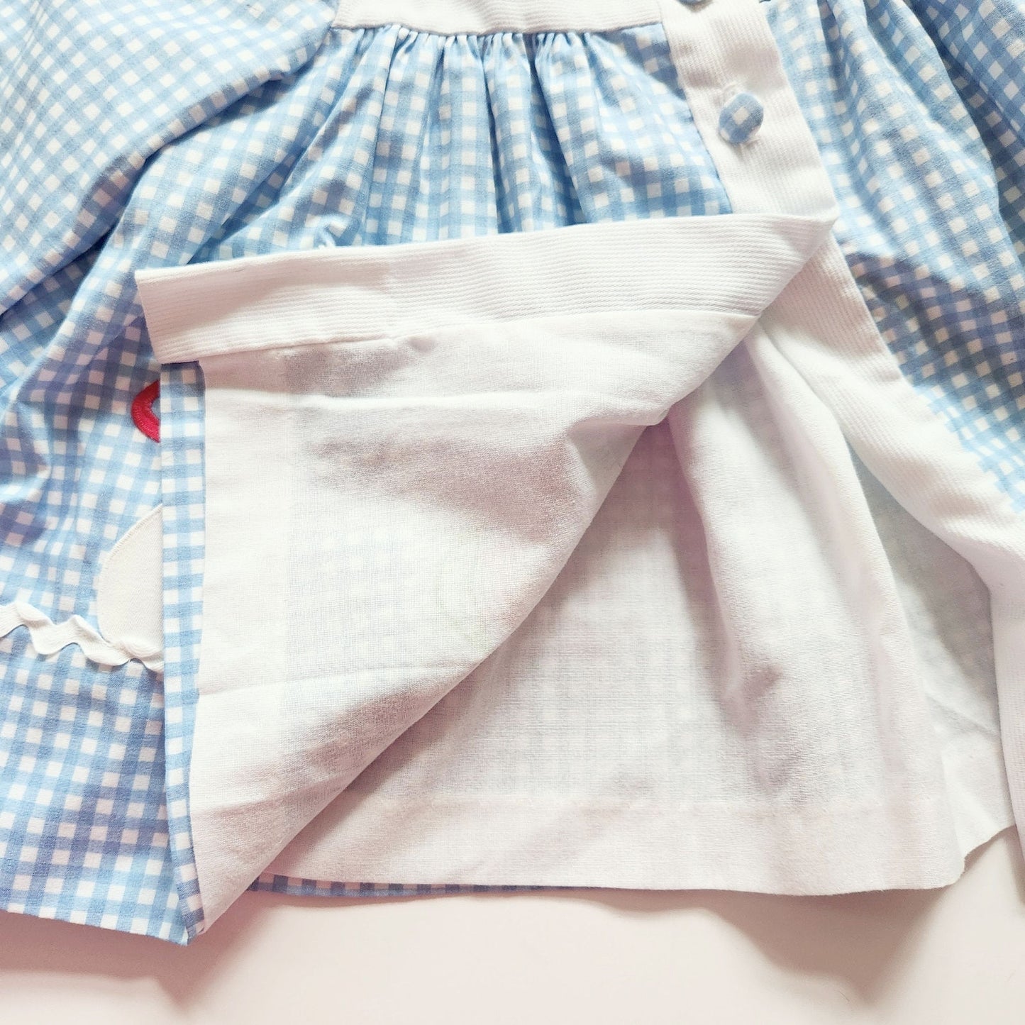 Vintage 1980s Baby Girl Dress – Blue Gingham Bunny Rabbit & Tulip Teapot Appliqué – Infant 18 Months Easter Spring Tea Party Outfit