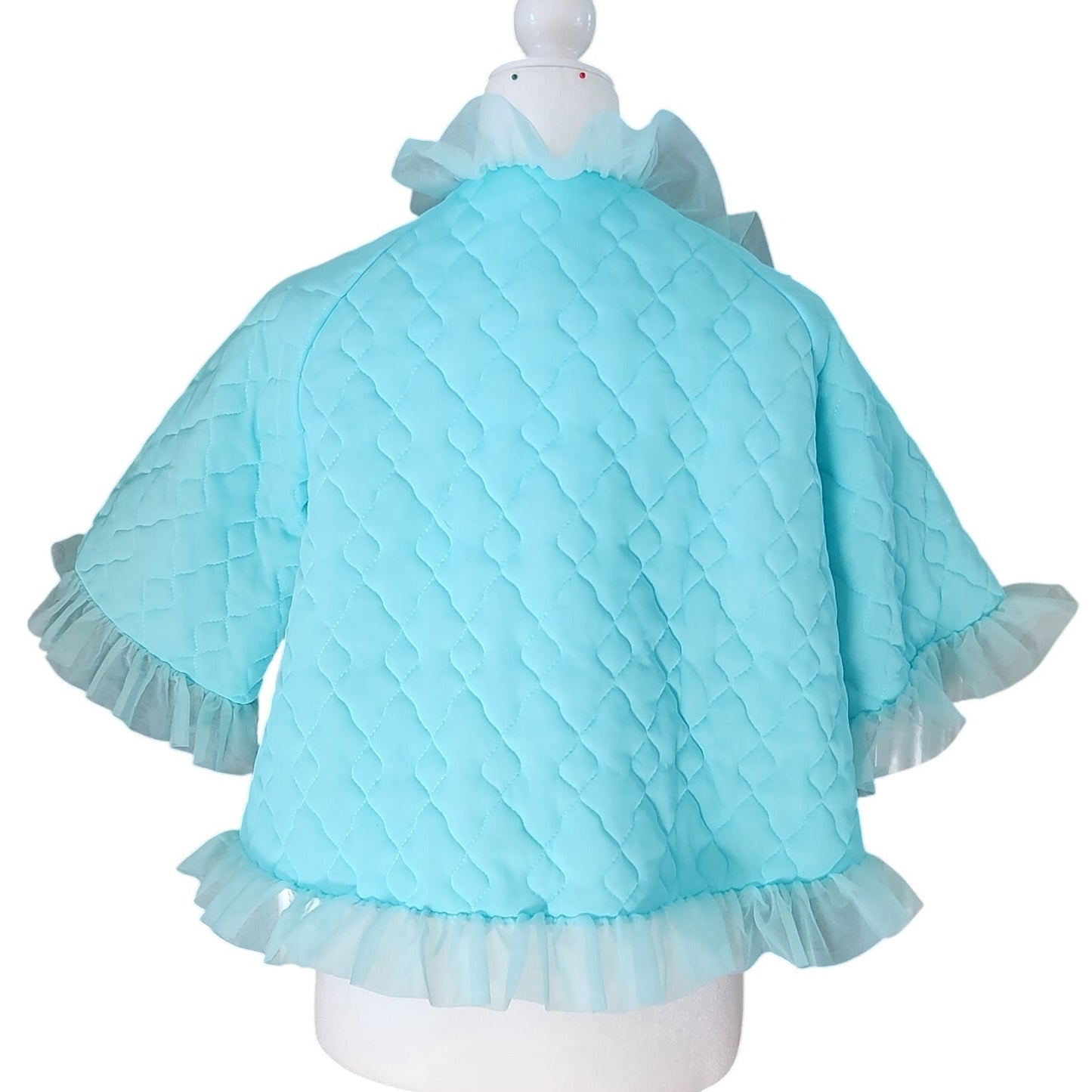1960s Aqua Blue Quilted Nylon Bed Jacket with Ruffle Trim | Made in California | Women's M