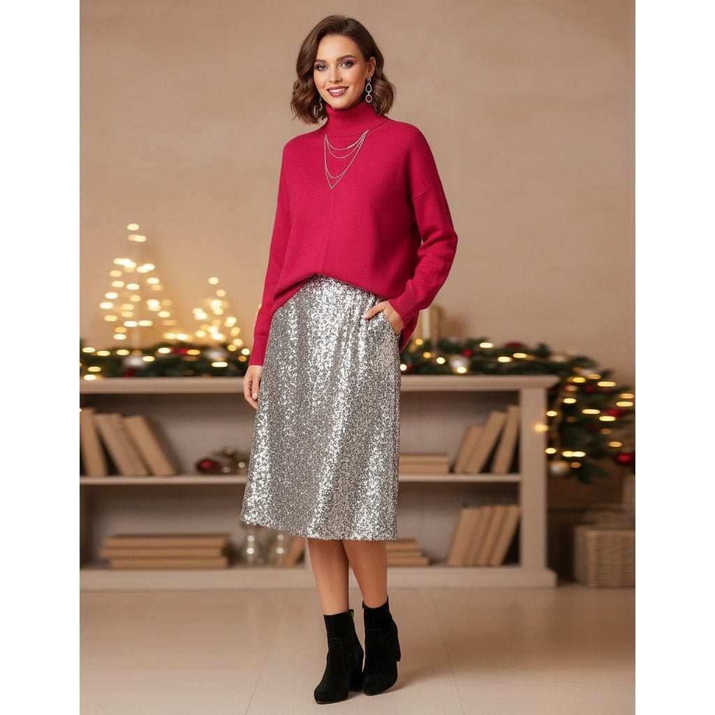 Crystal Mock Neck Pullover Sweater | Raspberry Pink | Women's M