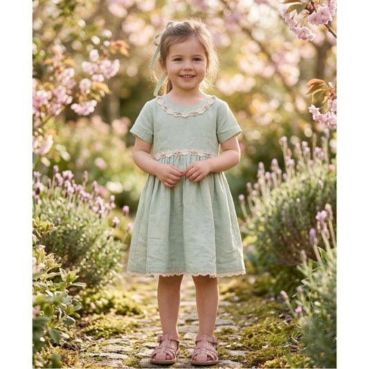 Vintage Good Lad Linen Toddler Dress – Size 4T – Mint Green Heirloom Cottagecore Flower Trim