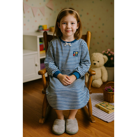 Vintage 90s Carter's Teddy Bear Nightgown | Blue White Striped Long Sleeve Girls Pajama Dress Size 8/10 USA Made