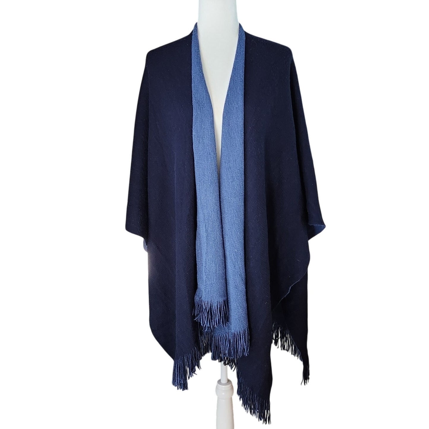 Wool & Rayon Blend Shawl Wrap | Two-Tone Navy & Periwinkle | Reversible Fringe Trim | One Size