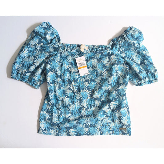 Michael Kors Women's Off Shoulder Metallic Gold Detail Floral Blouse in Nassau Teal Size S