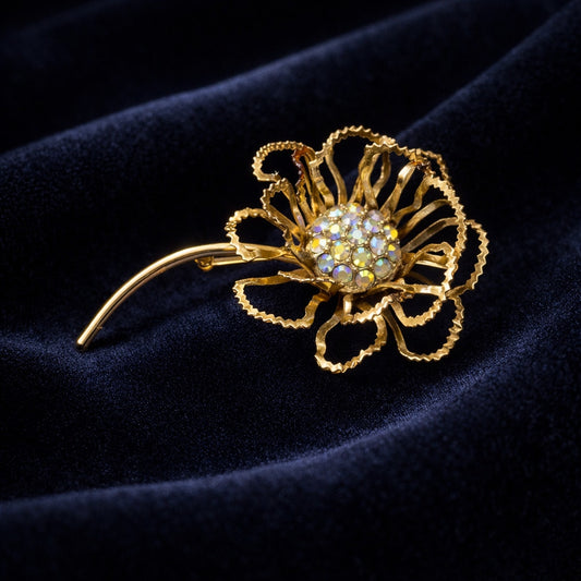 Sarah Coventry “Allusion” Brooch – Vintage Gold Floral Rhinestone Statement (c. 1960s–70s)